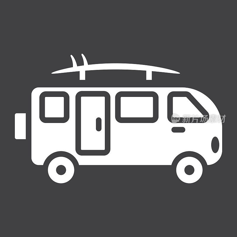 冲浪者van象形图标，运输和车辆，露营巴士标志矢量图形，在黑色背景上的固体模式，eps 10。